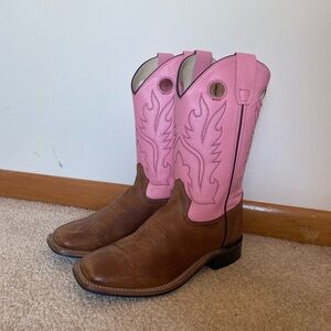 Old West Distressed Brown and Pink Corona Calf Square Toe Cowboy Boot